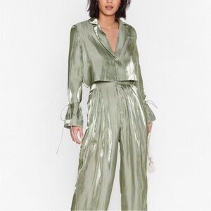 Nasty Gal Green Satin Cropped Blazer NWT